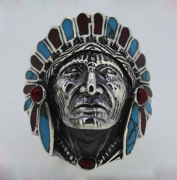 Indian Style Chiefs 925 Silver Ring With Turquoise Coral